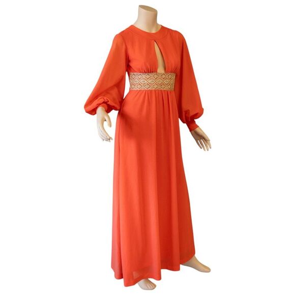 OSTI Vintage 70s Nylon Crepe Balloon Sleeve Coral Gown * Small - Picture 17 of 17